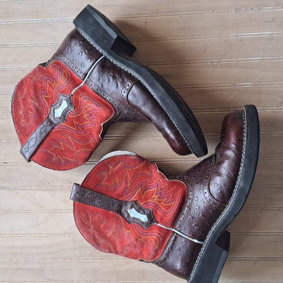 Ariat Western Boots Dark Rich Brow, Red Ostrich leather Rodeo Farm Cowboy Flame - Picture 1 of 14